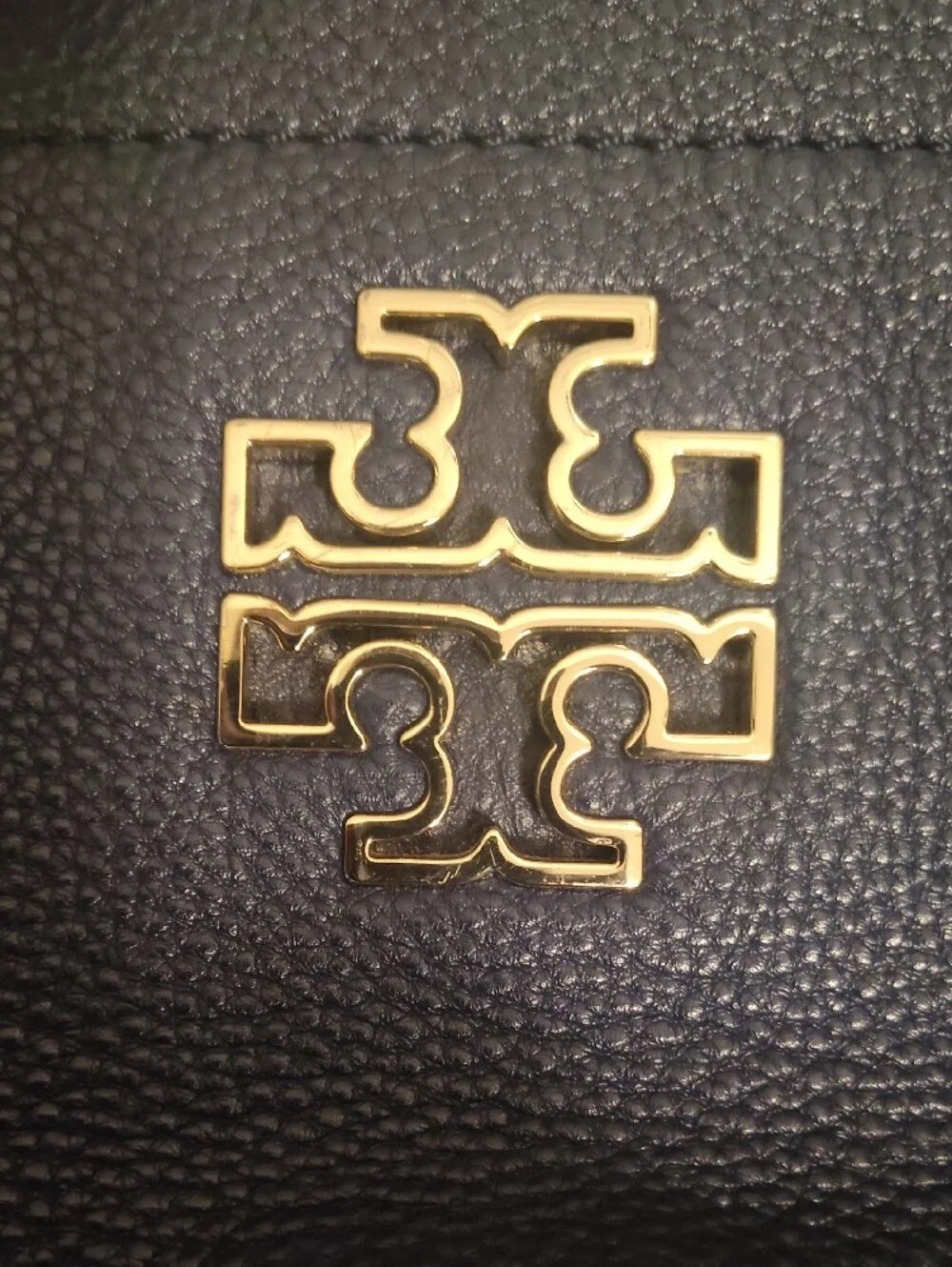 Tory Burch Britten Slouch Navy Pebbled Leather Double-Handle Tote with Gold Logo